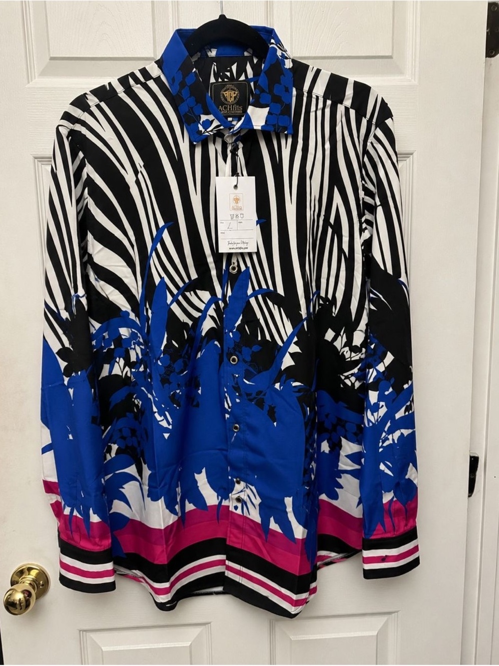 Men’s Blue, Black & White Printed Dress Shirt with Pink Accents
